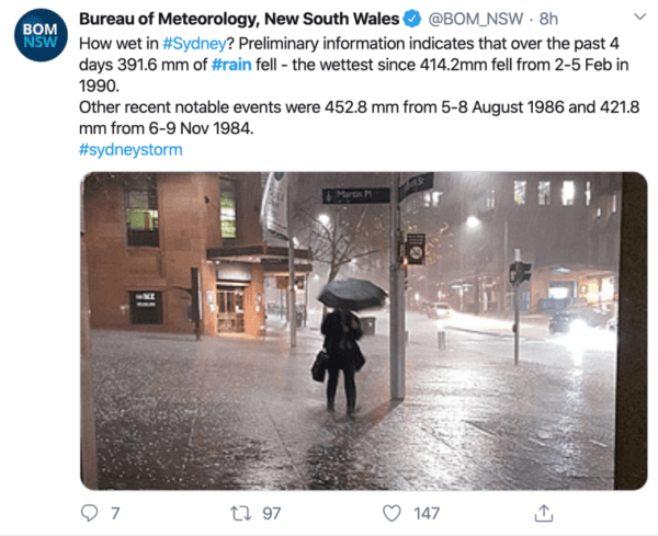 BOM NSW Tweet on rainfall in Sydney Feb 2020 600x489 - Mercury Retrograde Pisces + Aquarius Sun + Leo Full Moon = Some Seriously Wild Weather
