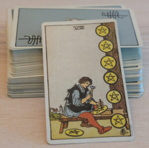 Tarot Deck Eight of Pentacles scaled e1713036762184 300x298 - Gemini