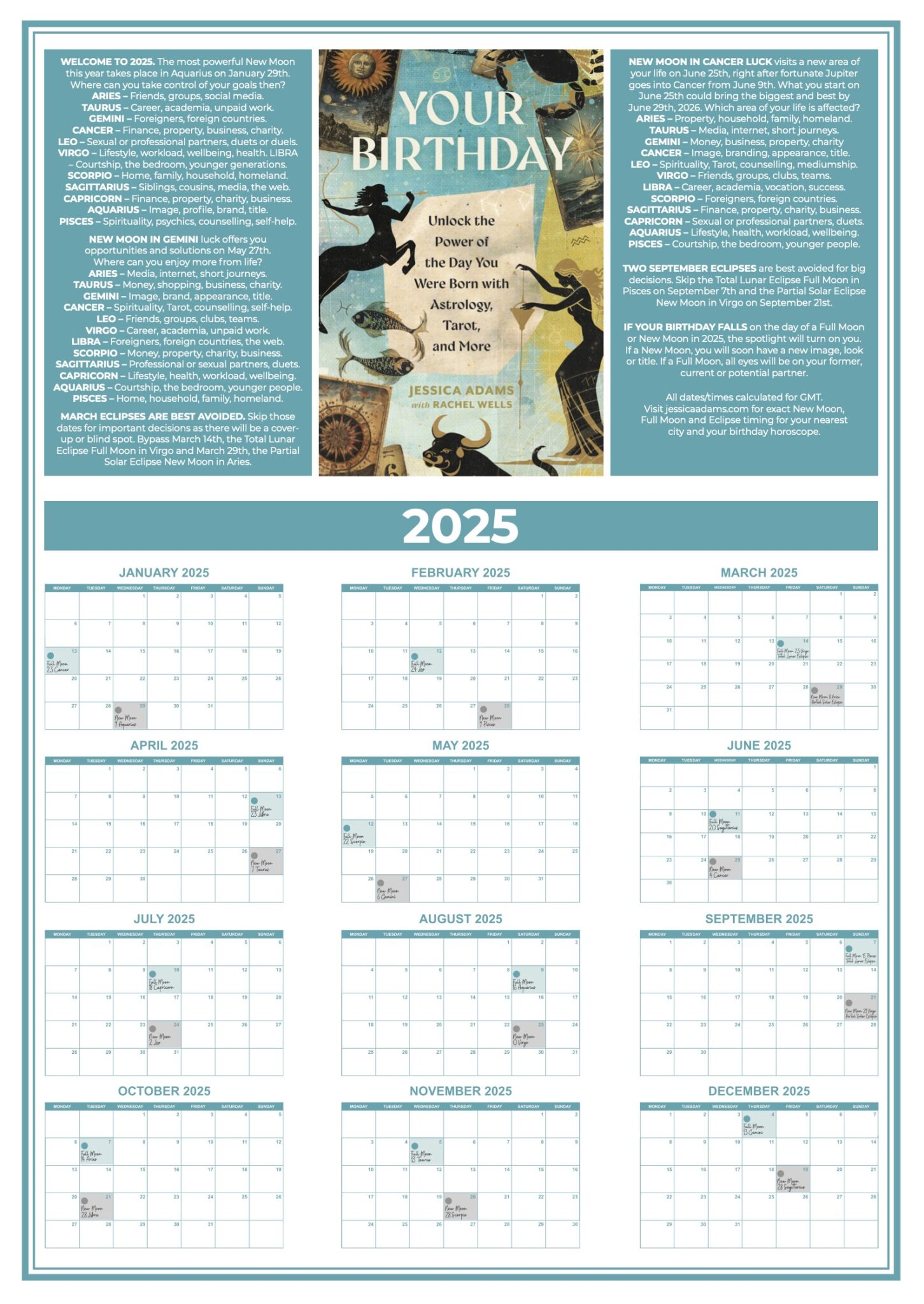 Jessica Adam and Rachel Wells Your Birthday 2025 Moon Calendar